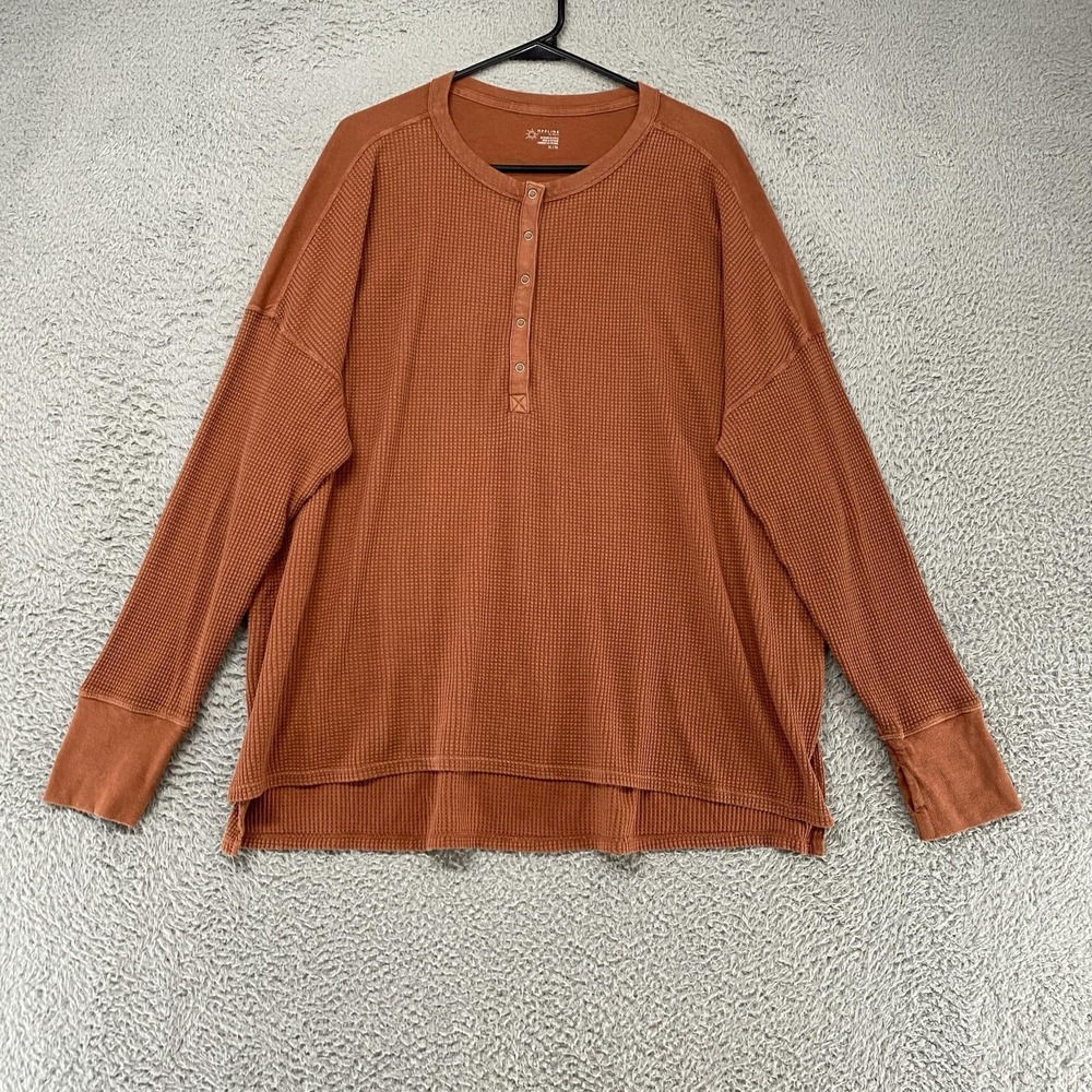 Offline Aerie Waffle Henley Top Womens XL Orange Thermal Knit Long Sleeve